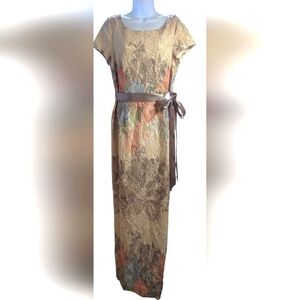 Adrianna Papell Column Gown Womens Size 14 Jacquard Floral Metallic Ribbon Belt